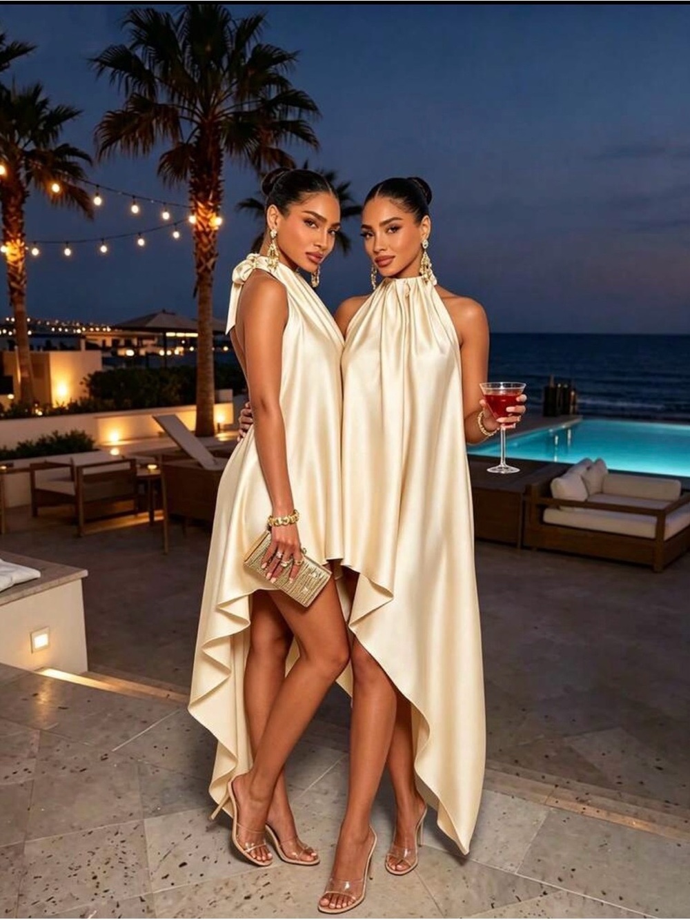 Satin High-Neck Asymmetrical Cocktail Dress - Cream